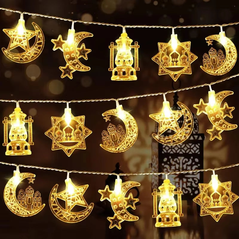 EID Mubarak LED String Lights - 1.5M 10LED Moon & Star Lanterns for Ramadan Home Decoration - Perfect for Muslim Festival Parties 2024