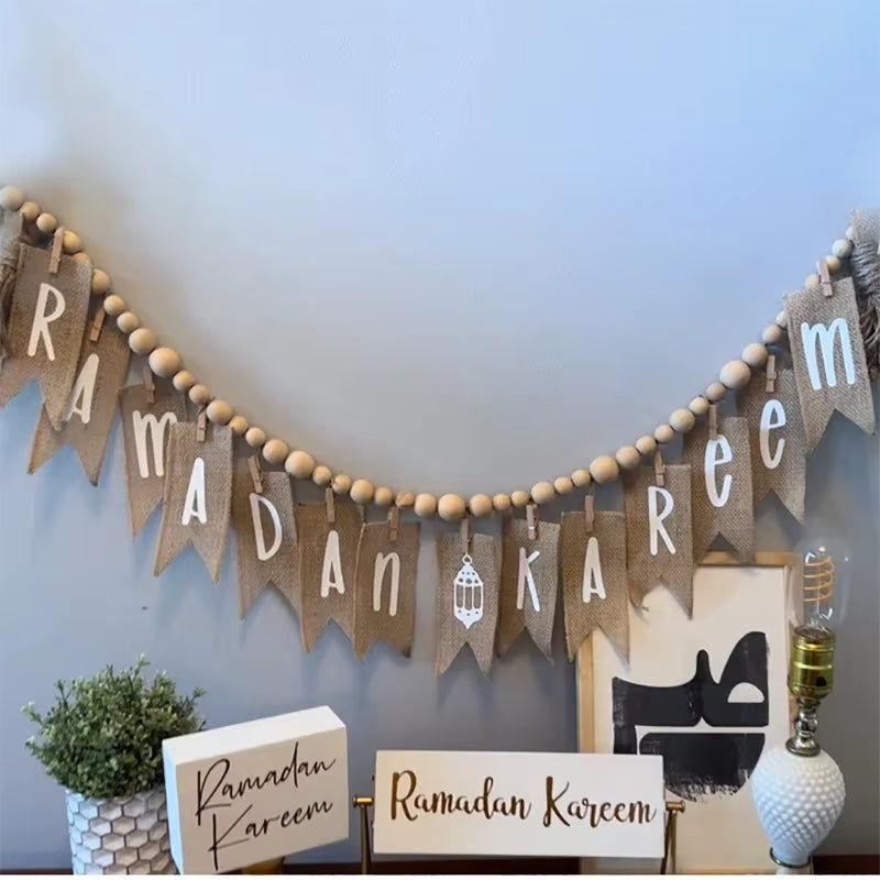 Ramadan Kareem Wooden Bead Garland Banner