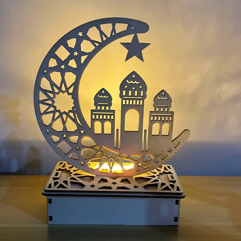 Eid Mubarak Star and Moon Wooden Ornament with LED Candle Stand - Elegant Table Decorations for Ramadan and Eid