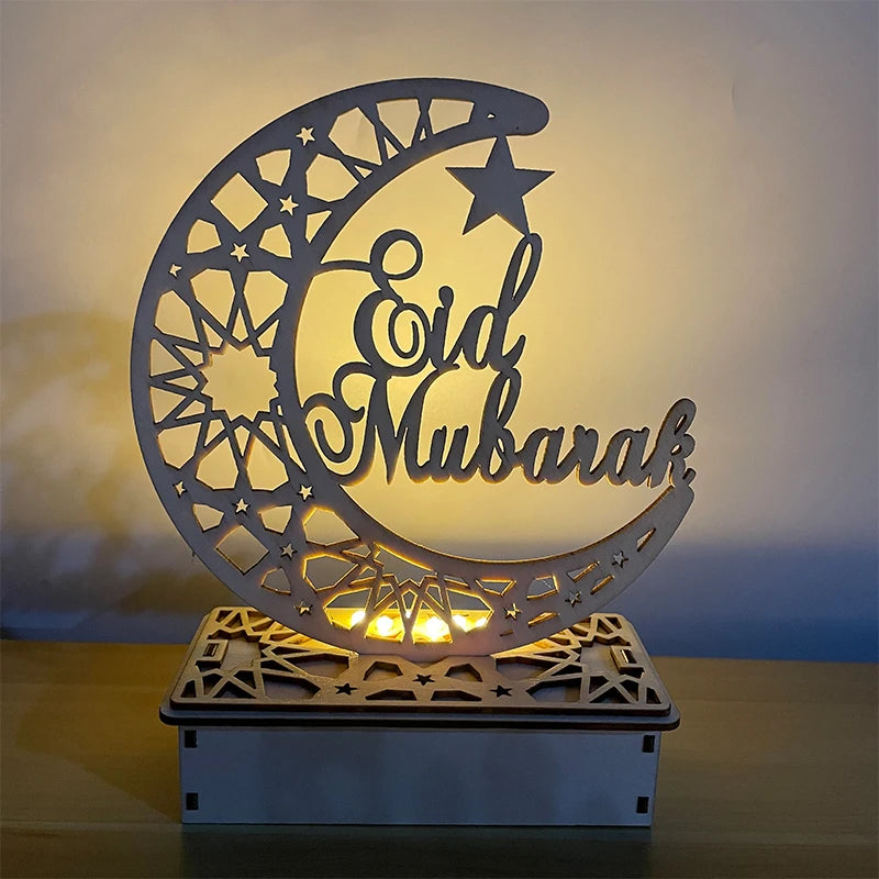 Eid Mubarak Star and Moon Wooden Ornament with LED Candle Stand - Elegant Table Decorations for Ramadan and Eid