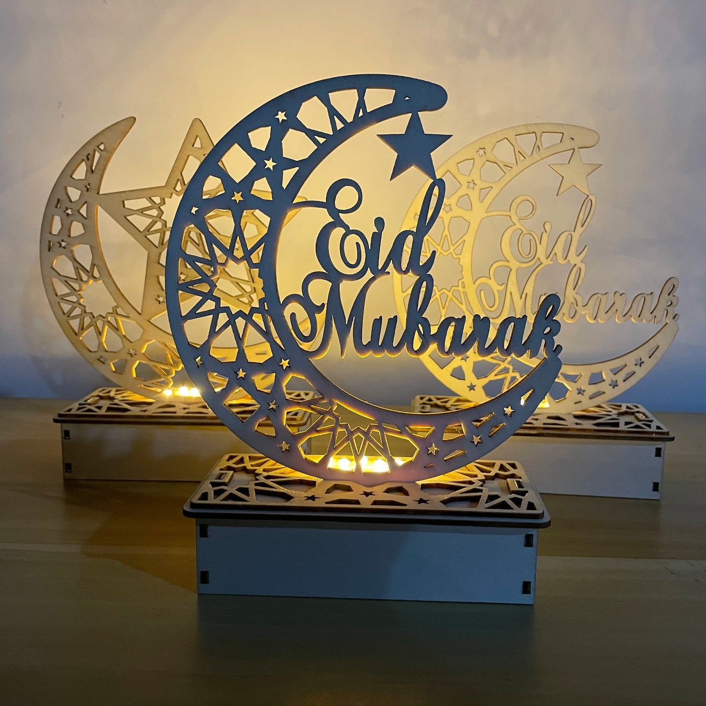 Eid Mubarak Star and Moon Wooden Ornament with LED Candle Stand - Elegant Table Decorations for Ramadan and Eid