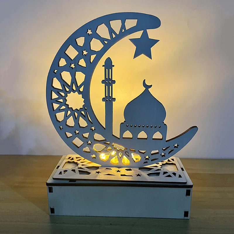 Eid Mubarak Star and Moon Wooden Ornament with LED Candle Stand - Elegant Table Decorations for Ramadan and Eid