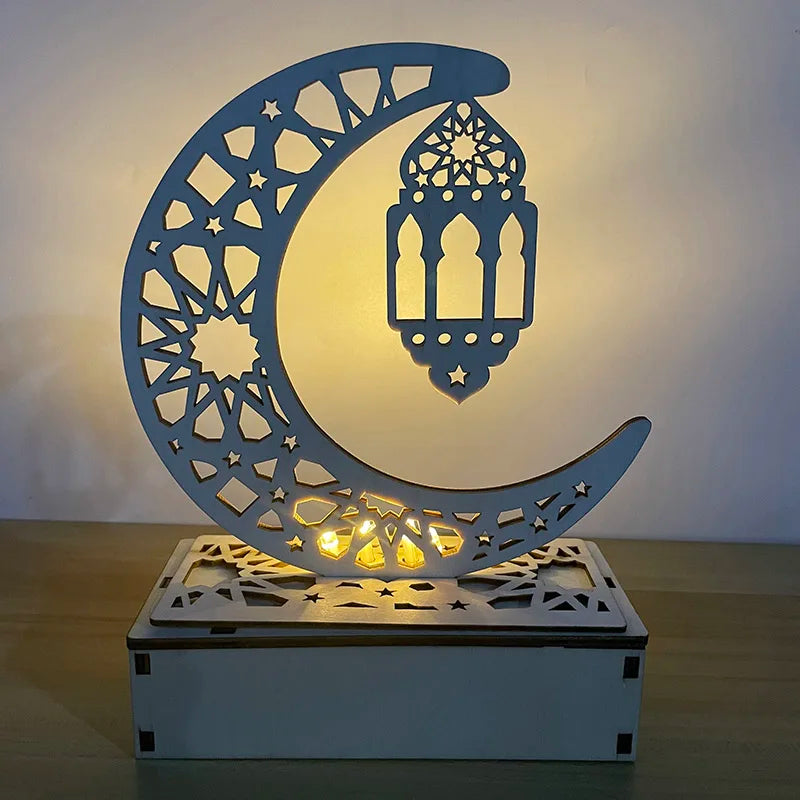 Eid Mubarak Star and Moon Wooden Ornament with LED Candle Stand - Elegant Table Decorations for Ramadan and Eid