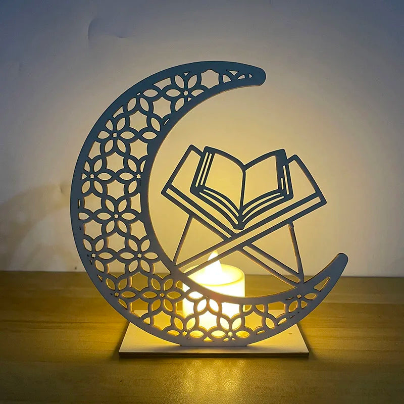 Eid Mubarak Star and Moon Wooden Ornament with LED Candle Stand - Elegant Table Decorations for Ramadan and Eid