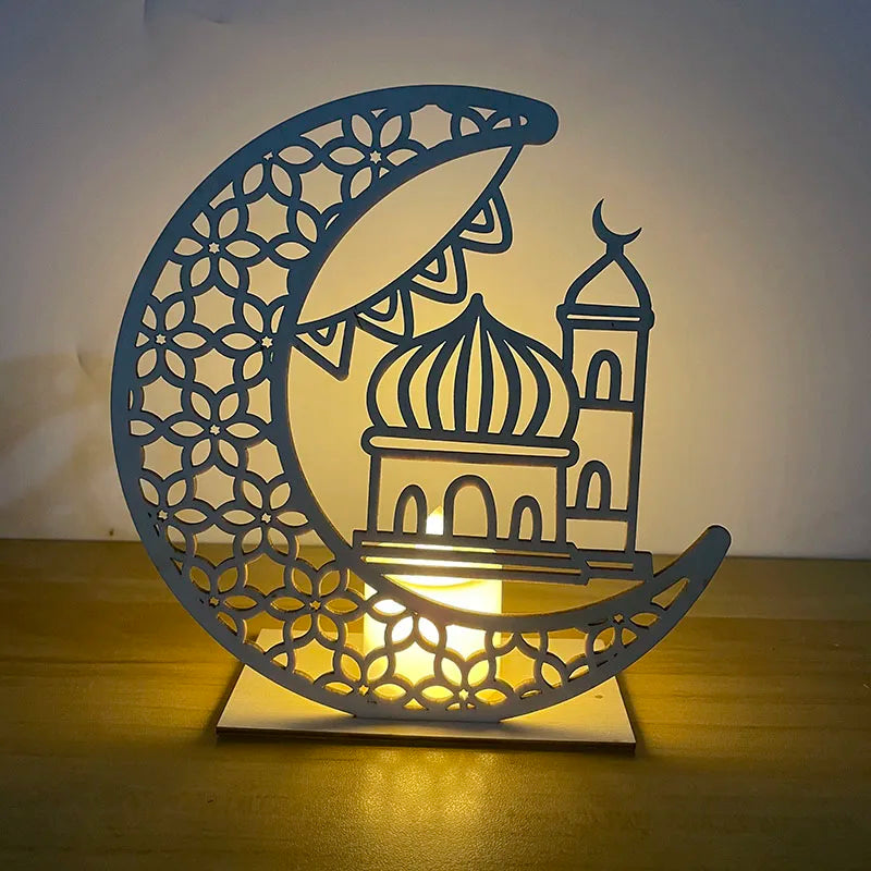 Eid Mubarak Star and Moon Wooden Ornament with LED Candle Stand - Elegant Table Decorations for Ramadan and Eid