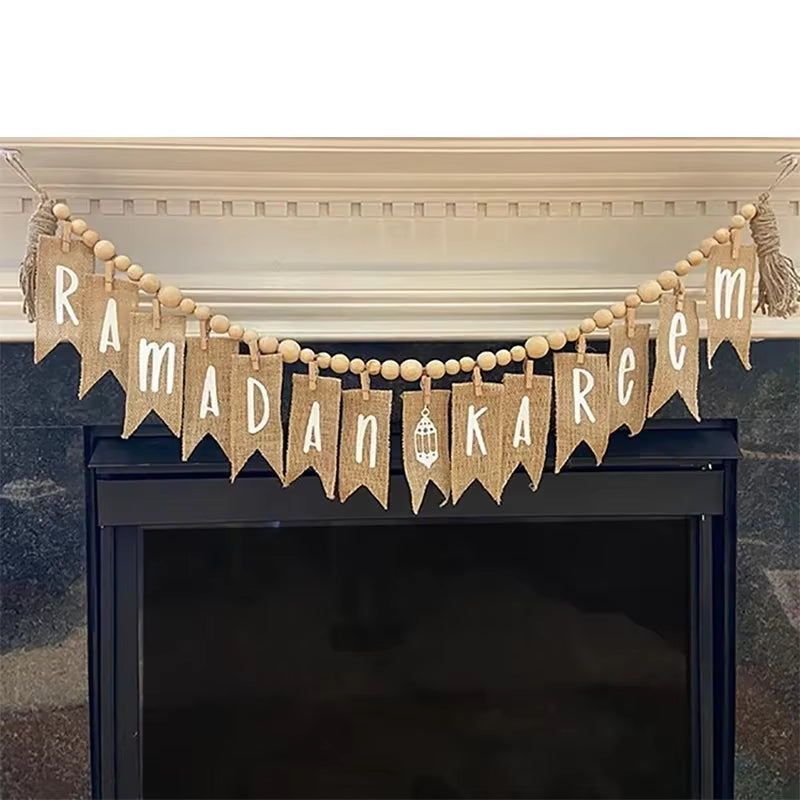 Ramadan Kareem Wooden Bead Garland Banner