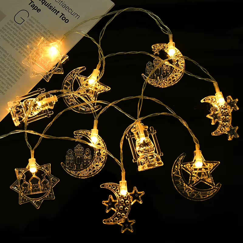 EID Mubarak LED String Lights - 1.5M 10LED Moon & Star Lanterns for Ramadan Home Decoration - Perfect for Muslim Festival Parties 2024